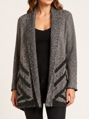 Sandwich Textured Geometric Wool Blend Open Front Cardigan M